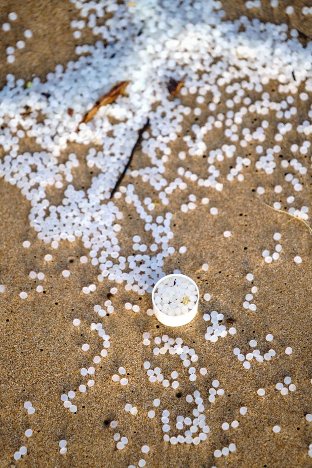 Tiny white plastic beads are strewn across a sandy beach.